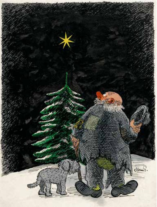 Illustration: Mand i laser med hund ved sin side står ved grantræ, hvor der lyser en stjerne over